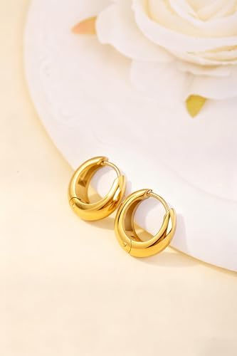 Chunky Small Hoop Earrings for Women 14mm/16mm/19mm Stainless Steel Huggie Earrings Everyday Jewelry Gift for Wife Mom, with Gift Box - color: Gold 16mm