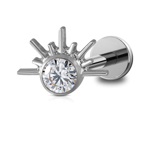 FINE4U 1PC ASTM F136 Titanium 16G Flatback Stud for Tragus, Helix, Conch 6mm 8mm - Screw on Cartilage Earring Piercing Jewelry - color: Sun CZ - Tit