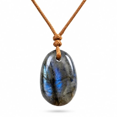 Labradorite Pendant Necklace, Natural Gemstone Jewelry | Natural labradorite, adjustable waxed cord, unisex style, daily wear
