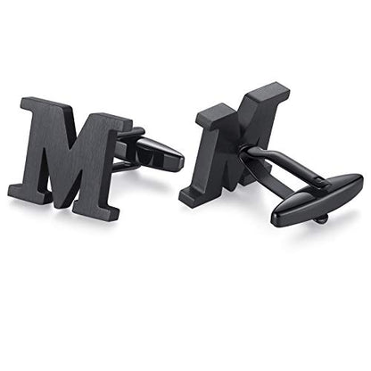 HONEY BEAR Black Initial Letter Round Cufflinks Tie Clip Set for Men | Wedding Business, Tarnish-Resistant, Steel-Plated Copper Base, Gift Box, for Groomsmen, Father, Husband, Anniversary, Formal - style: M