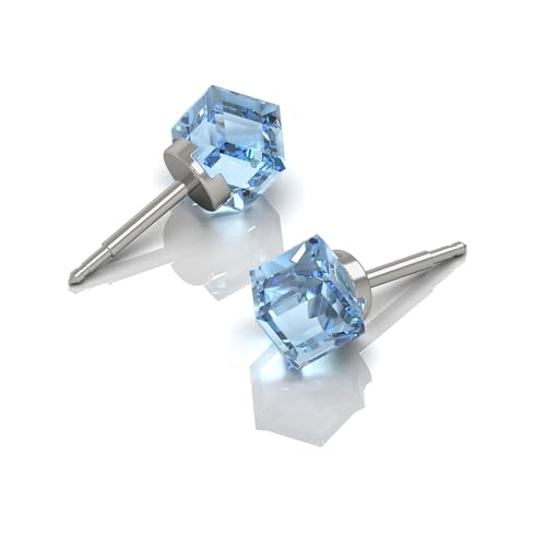 316L Stainless Steel Stud Earrings for Sensitive Ears – Hypoallergenic Princess Cut Square Cubic Zirconia Post Earrings for Women & Men – Nickel Free Daily Jewelry - color: Aquamarine