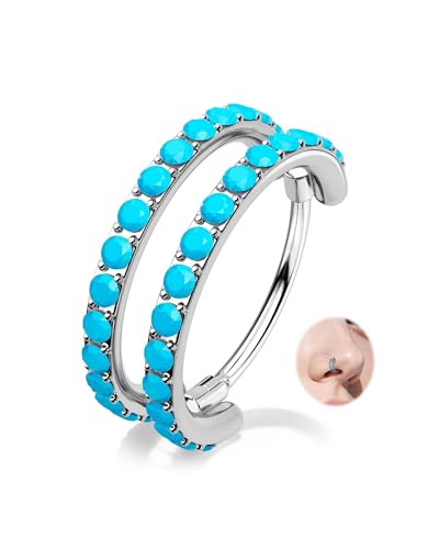 Nose Ring Hoop, 316L Stainless Steel Double Nose Rings, 20G Nose Piercing Jewelry for Women, Clear CZ Helix Cartilage Septum Nose Hoops - color: Turquoise-Silver-6mm