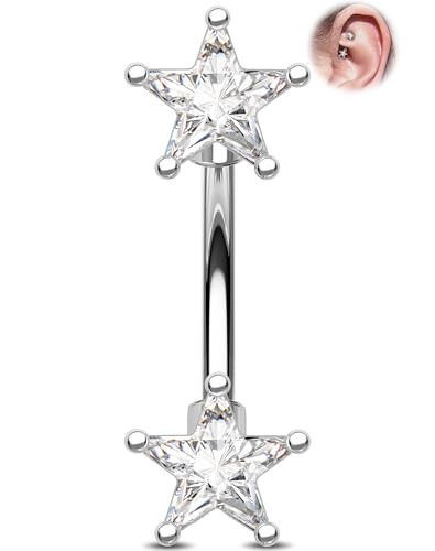 Melighting 16G Gold Star Rook Piercing Bar, 6/8 mm Rook Earring with Clear CZ, 316L Stainless Steel Stylish Eyebrow Lobe Piercing Jewellery for Daily Wear Women - color: Steel, size: 16G8mm