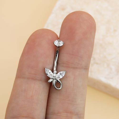 XUU Titanium Belly Button Rings 14G, Implant-Grade Navel Piercing, Luxury CZ Shape with Flower Butterfly, Hypoallergenic Curved Barbell Jewelry for Women, Gold or Silver - style: Butterfly Tail-Silver