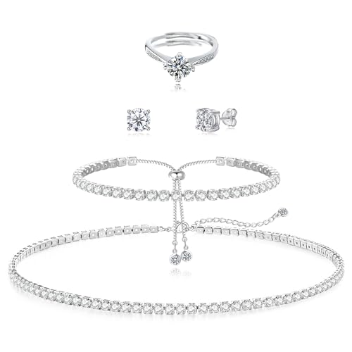 HAXIYA Tennis Necklace Bracelet for Women, Sterling Sliver Jewelry Set, Silver/Gold Chocker Necklace, Crystal Bracelet for Women, Wedding Jewelry for Bride, Sparkly Party Prom Hypoallergenic - color: Classic Set of 4 - Silver