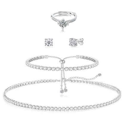 HAXIYA Tennis Necklace Bracelet for Women, Sterling Sliver Jewelry Set, Silver/Gold Chocker Necklace, Crystal Bracelet for Women, Wedding Jewelry for Bride, Sparkly Party Prom Hypoallergenic - color: Classic Set of 4 - Silver