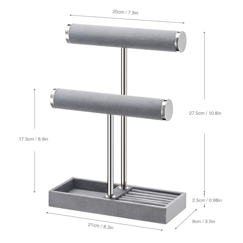 bussdis 2 Tier Bracelet Holder Display, Necklace Holder Organizer, Grey | Velvet Necklace Holder | Jewelry Tree | Jewelry Towers | Jewelry Stand Organizer for Necklaces, Bracelets, Earrings, Rings - color: Grey