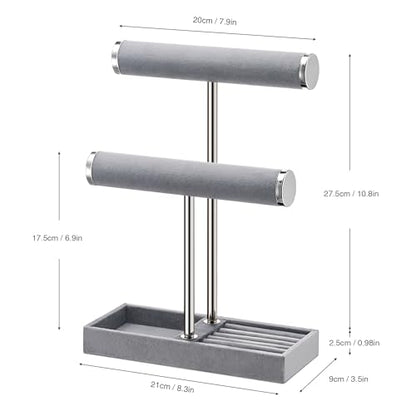bussdis 2 Tier Bracelet Holder Display, Necklace Holder Organizer, Grey | Velvet Necklace Holder | Jewelry Tree | Jewelry Towers | Jewelry Stand Organizer for Necklaces, Bracelets, Earrings, Rings - color: Grey