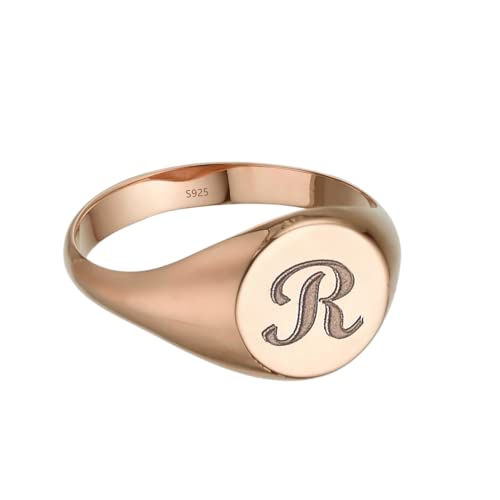 925 Sterling Silver Custom Initial Signet Ring Personalized Round Engraved Pinky Rings - color: Rose Gold