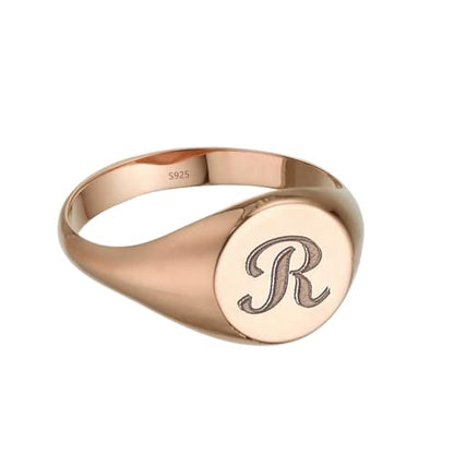 925 Sterling Silver Custom Initial Signet Ring Personalized Round Engraved Pinky Rings - color: Rose Gold