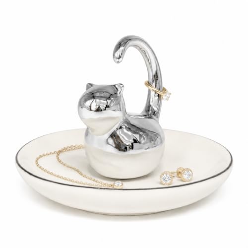 Cat Ring Holder Jewelry Dish–White & Silver Fat Cat Ceramic Trinket Tray,Birthday,Wedding,Graduation Gift for Women & Girls,Rings Earrings Necklaces Bracelets–Vanity,Nightstand,Dresser,Bathroom - color: Fat Cat