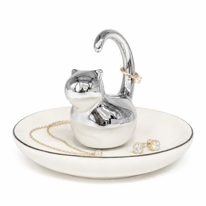 Cat Ring Holder Jewelry Dish–White & Silver Fat Cat Ceramic Trinket Tray,Birthday,Wedding,Graduation Gift for Women & Girls,Rings Earrings Necklaces Bracelets–Vanity,Nightstand,Dresser,Bathroom - color: Fat Cat