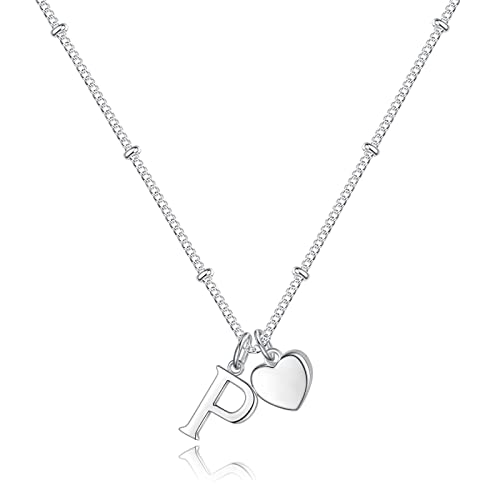 Heart Initial Necklaces for Girls, Letter A-Z Silver Necklace | Silver Plated, Heart Initial Necklaces for Girls, Necklace for Women, Teen Girl Gifts, Dainty Heart Necklaces, Birthday Gifts - color: P