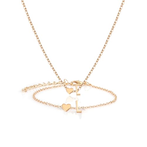Gold Bracelets For Women Heart Initial Letter Pendant Necklace and Bracelet Set Personalized Jewelry Sets for Women Birthday Gifts for Mom Her Daughter Initial Necklace 14K Silver Plated - style: Gold-L