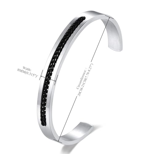 Stainless Steel Cuff Bracelet with Inlaid Chain,Sleek Open Bangle - color: Silver Cuff with Single Black Chain