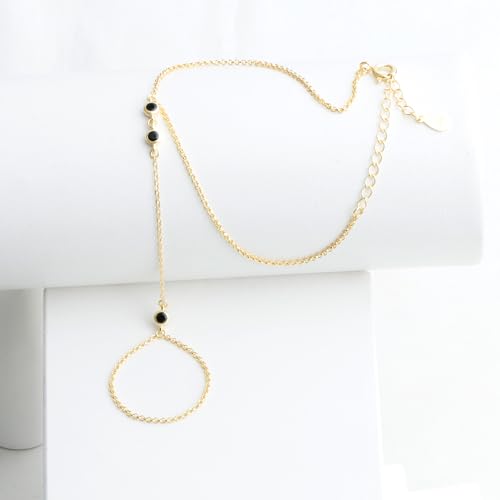 Kakikaki 925 Sterling Silver Finger Ring Bracelet Hand Chain for Women | Slave Bracelets 7" to 9" Adjustable - color: Gold, style: 3 Black