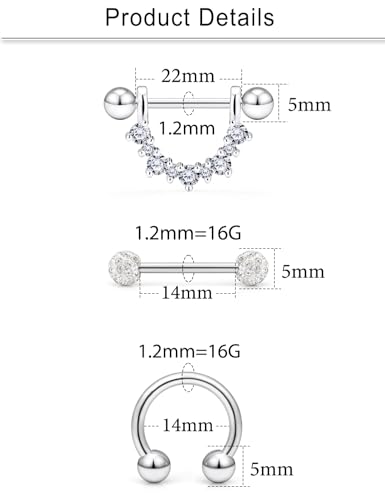 Cisyozi 16G 14G Nipple Piercing Jewelry Tongue Rings Hypoallergenic Surgical Steel Screw Nipple Tongue Shield Ring Barbell Body Piercing Jewelry Retainer for Women 9/16 Inch 14mm - color: F:8Pairs-16g(1.2mm)-Silver