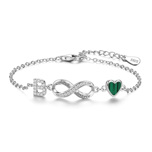 925 Sterling Silver Adjustable Letter Bracelets Infinity Heart Emerald Charm Link Bracelet ，Personalized Charm Alphabet Jewelry Valentines Christmas Mother’s Day Birthday Gifts - color: B