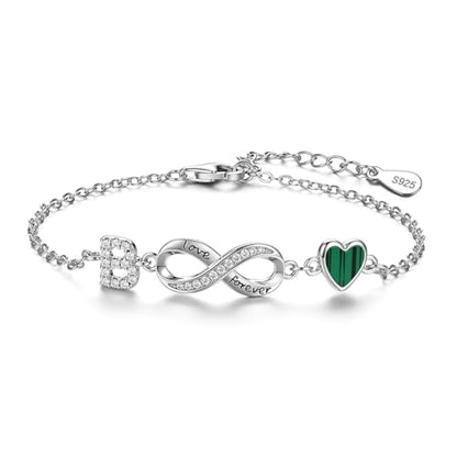 925 Sterling Silver Adjustable Letter Bracelets Infinity Heart Emerald Charm Link Bracelet ，Personalized Charm Alphabet Jewelry Valentines Christmas Mother’s Day Birthday Gifts - color: B