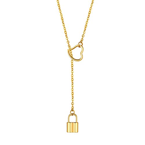 GOLDCHIC JEWELRY Dainty Y Necklace For Women, Gold Layered Choker Lariat Necklaces, Looped Long Lariat Y Bar/Lock/Peal/Star/Rose Chain Personalized Minimalist Gifts for Women - color: Gold -Lock, style: Y Necklace - No Engraving
