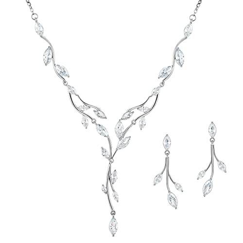 SWEETV Jewelry Set for Women, Cubic Zirconia Marquise Vine Cluster Bridal Earrings and Necklace Set, Bridal Jewelry Set for Wedding Prom - color: 01. Silver