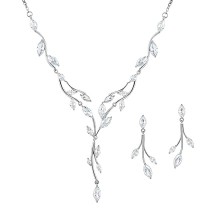 SWEETV Jewelry Set for Women, Cubic Zirconia Marquise Vine Cluster Bridal Earrings and Necklace Set, Bridal Jewelry Set for Wedding Prom - color: 01. Silver