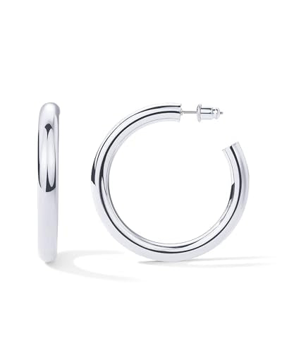 PAVOI Chunky Gold Hoop Earrings for Women, Lightweight 14K Gold Plated | Gold Hoops, Gold Plated Earrings, Womens Earrings, 14K Gold Hoop Earrings - color: White Gold, size: 50 MM