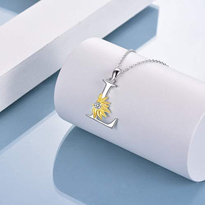 POPLYKE Initial Sunflower Necklace for Women 925 Sterling Sliver Sunflower Pendant Necklace Letter Initial Pendant Chain - style: Sunflower L