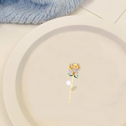 Anmpab Sparkling Rose Flower Brooch with Rhinestone Luxury Crystal Floral Pearl Pin for Women Wedding Bridal Jewelry for Blazer Dress Scarf Hat - color: Gold