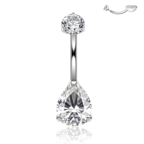 Titanium Floating Belly Button Rings 14G, ASTM F136 Implant-Grade Curved Barbell, Internal Thread with 6mm Teardrop Gems, Sparkle Navel Piercing Jewelry, 10mm/12mm Length - color: Teardrop Silver-Clear CZ, size: 1/2"(12mm)