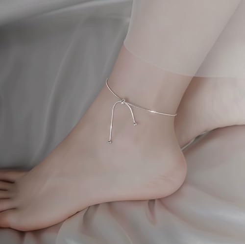 Round Snake Bone Chain Anklet with Hanging Beads Silver Dainty Ankle Bracelet for Women Summer Trendy Lightweight Adjustable Herringbone Anklet Minimalist Waterproof Foot Ornament Gift for Daughter
