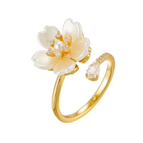 Kokoma Dainty Flower Ring for Women Sparkling Cubic Zirconia Daisy Open Statement Rings Pearl Chic Engagement Promise Ring Wrap Finger Band - color: Baroque