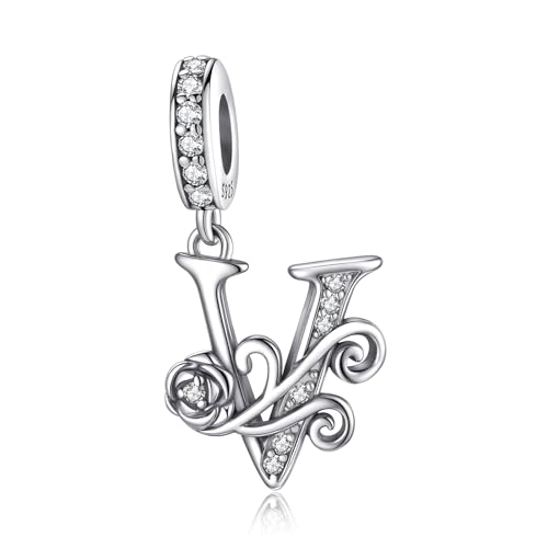 HappyStar 925 Sterling Silver Letter Charms for Bracelets Rose Alphabet Initial Dangle Pendants Fit for Pandora Charms Bracelet Charms Beads Jewelry Gifts for Women - color: Alphabet V