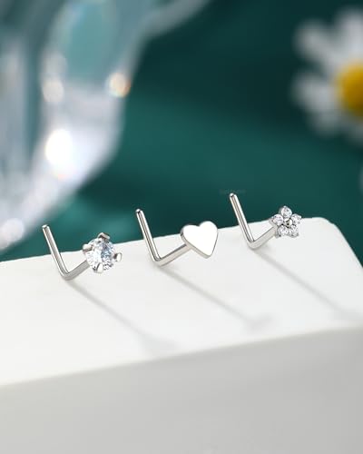 3PCS Titanium Flower Nose Rings Studs 20G, 6.5mm L-Shaped Nose Piercing Jewelry Set - Hypoallergenic Surgical Steel Heart L Bend Nostril Stud for Women Men - color: 3PCS-Silver