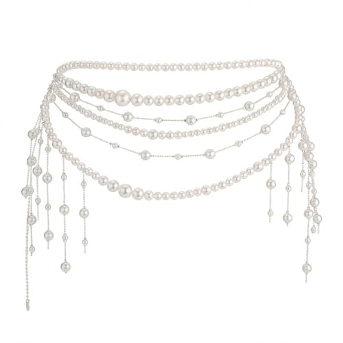 Multi Layered Pearl Waist Chain Belt Elegant White Pearl Belly Chain with Tassel Pendant Stylish Belt Hip Body Chain for Festival Rave Party Wedding Bridal Dress Sweater Jeans Decor Accessories