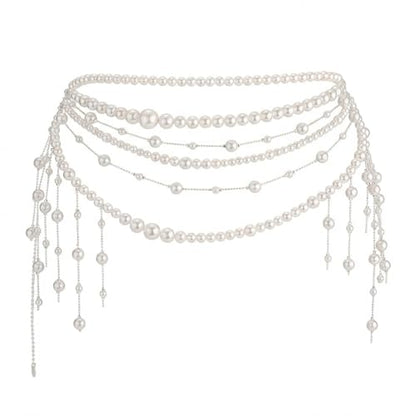 Multi Layered Pearl Waist Chain Belt Elegant White Pearl Belly Chain with Tassel Pendant Stylish Belt Hip Body Chain for Festival Rave Party Wedding Bridal Dress Sweater Jeans Decor Accessories
