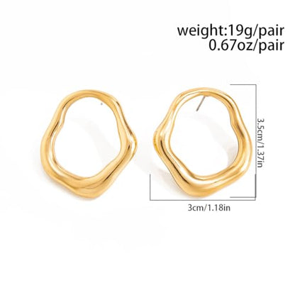 Cute Trendy 14K Gold Plated Round Irregular Geometric Stud Earrings for Women Simple Statement Silver Hollow Circle Drop Earring Jewelry Accessories