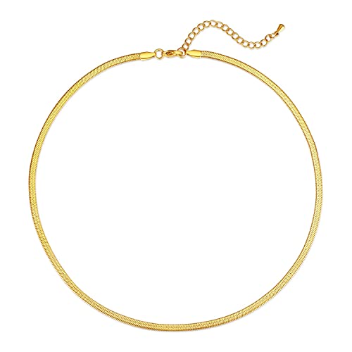 FOSIR Herringbone Necklace for Women, 14K Gold Plated/Silver/Black Choker Necklace, Dainty Surgical Stainless Steel Snake Chain for Women, 2.3mm/3mm/4mm/5mm Width - color: Gold, style: 3.0mm/14 Inch