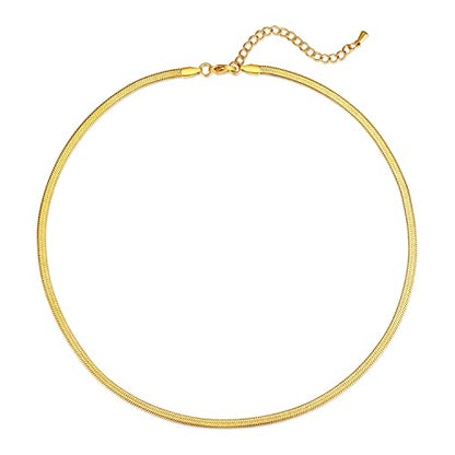 FOSIR Herringbone Necklace for Women, 14K Gold Plated/Silver/Black Choker Necklace, Dainty Surgical Stainless Steel Snake Chain for Women, 2.3mm/3mm/4mm/5mm Width - color: Gold, style: 3.0mm/14 Inch
