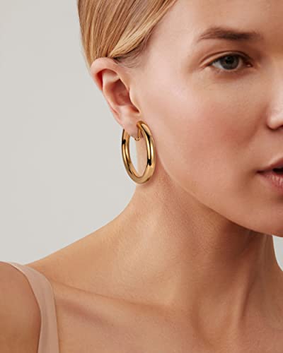 WOWORAMA Chunky Gold Hoop Clip On Earrings for Women | Large Chunky Hoops Clips Earrings, Polished Gold-Plated Clip-On Hoops, Statement Non Pierced Jewelry - color: 40mm Round Hoops