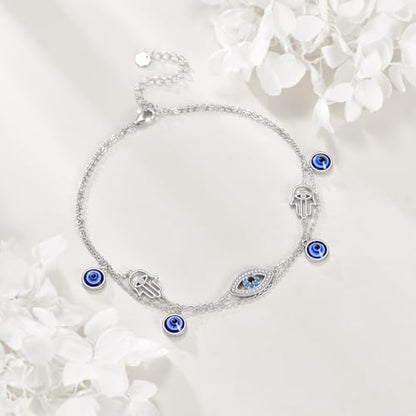 925 Sterling Silver Cat Butterfly Anklets Double Layered Chain for Birthday Women Ankle Bracelet Summer Beach Dainty Jewelry - style: Evil Eye