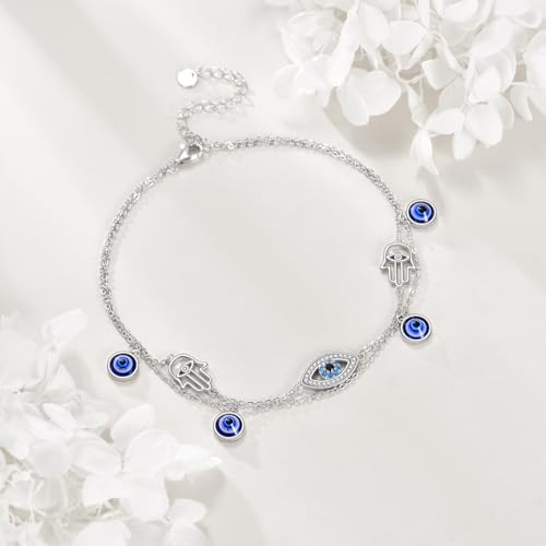 925 Sterling Silver Cat Butterfly Anklets Double Layered Chain for Birthday Women Ankle Bracelet Summer Beach Dainty Jewelry - style: Evil Eye