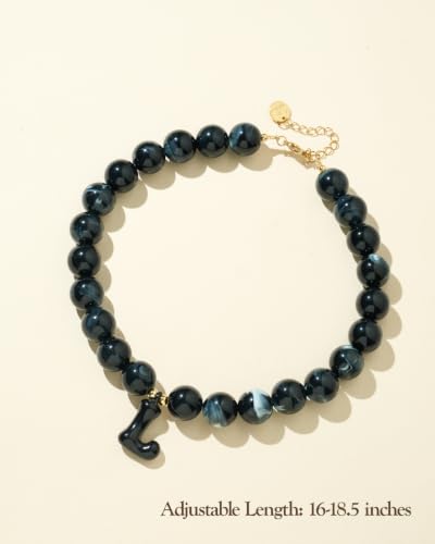 DoDoBeads Chunky Colorful Beaded Initial Necklace, Bubble Letter Choker | Gift box and dust pouch included; waterproof and sweat-resistant with real gold plated stainless steel hardware - color: Black-L