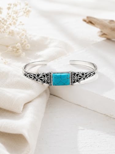 Native American Genuine Turquoise Cuff Bracelet for Women, 925 Sterling Silver Turquoise Boho Bangle, Adjustable Open Cuff Fits 6-7.5 Inches - style: Rectangle Turquoise