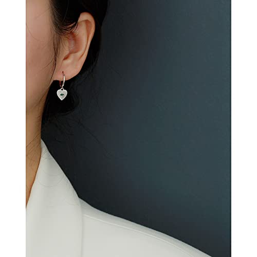 Heart Evil Eye Dangle Small Hoop Earrings for Women Girls 925 Sterling Silver Green CZ Eyes Charms Drop Dangling Huggie Hoops Cartilage Cuff Hypoallergenic Earring Gifts Birthday Christmas Valentine - color: Silver
