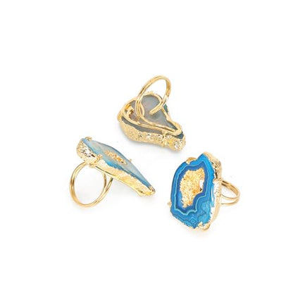 Ring Geode Druzy Slice Unique And Stylish Statement Gold Plated Jewelry Natural Gemstone Stone size 25-35 mm Approximately Adjustable Shank US Scale Size 6-9 - color: Aqua