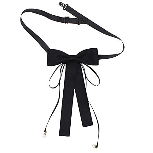 Fashion Ribbon Bow Tie Brooch Pins for Women Girls Crystal Pearl Uniform Pre-Tied Bowknot Corsage Party Ceremony Accessories - color: 58-black