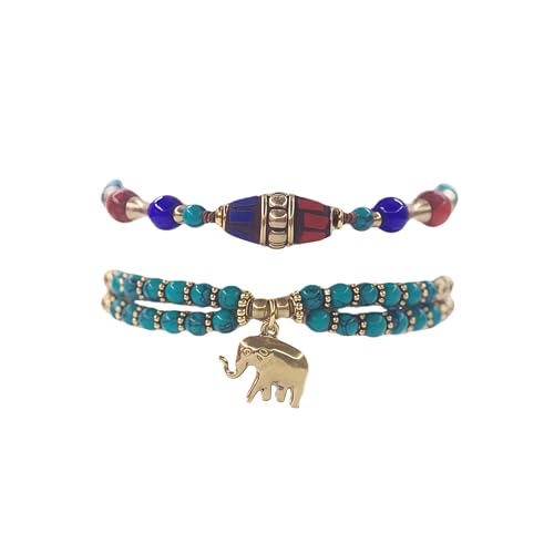 Petite Adjustable Boho Bracelet for Small Wrists 6-7.5 Inch - Handmade Nepalese Buddhist Prayer Bracelet with Elephant Charm, Brass Bell, Turquoise Stone & Tibetan Mantra Beads, Spiritual Lucky Gift - color: Green-2Pcs
