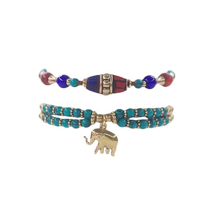 Petite Adjustable Boho Bracelet for Small Wrists 6-7.5 Inch - Handmade Nepalese Buddhist Prayer Bracelet with Elephant Charm, Brass Bell, Turquoise Stone & Tibetan Mantra Beads, Spiritual Lucky Gift - color: Green-2Pcs