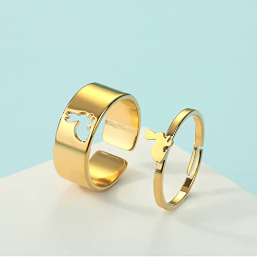 2PCS Matching Cute Animals Promise Engagement Rings for Couples Men Women Jewelry Band Sets 316L Stainless Steel Adjustable Open Ring - color: Rabbit-g